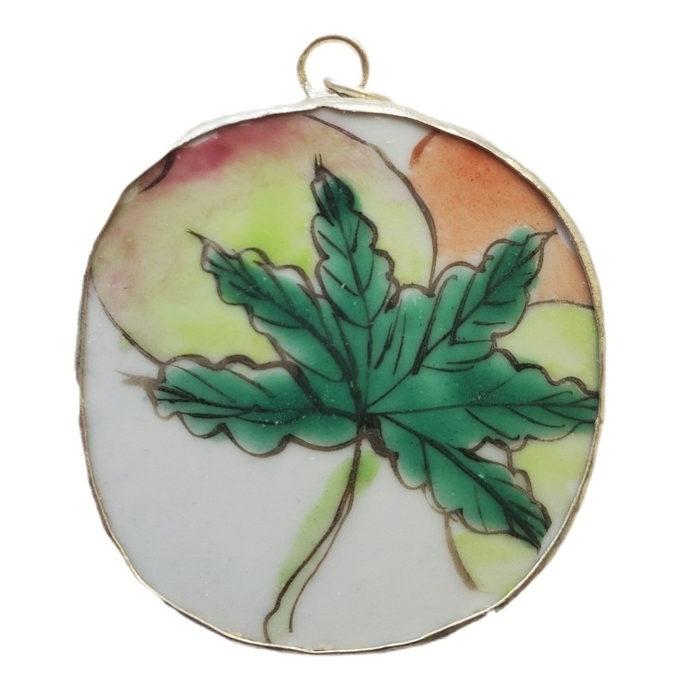 Vintage Hand Painted Leaf & Fruit Pottery Shard Pendant Upcycled Porcelain Focal